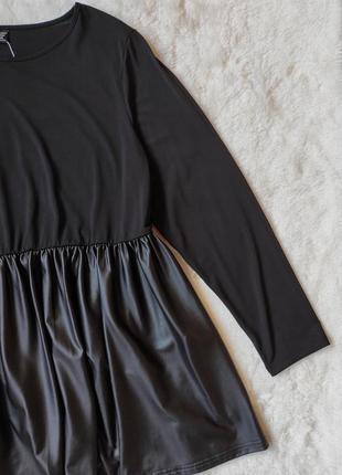 Чорне коротке плаття з пишною шкіряною спідницею плаття шкірзам батал великого розміру стрейч5 фото