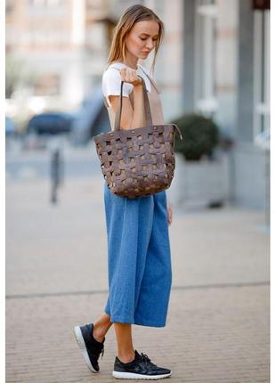 Кожаная плетеная женская сумка пазл коричневая вместительная модная женская сумка шоппер люкс класса