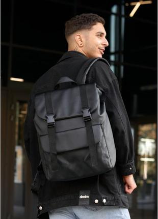 Черный мужской  рюкзак для прогулок  с эко кожи с клапаном, отделением для ноутбука1 фото