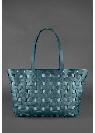 Шкіряні плетені жіноча сумка пазл xl зелена krast практична сумка для дівчат стильна сумка для поїздок2 фото