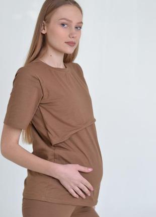 Коричневый комплект базовый футболка и велосипедки для беременных и кормящих  42-566 фото
