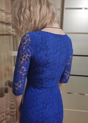 Гепюровое приталенное синее платье8 фото
