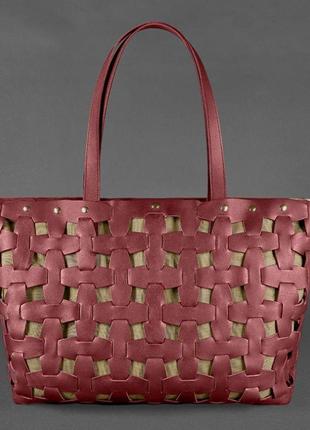 Кожаная плетеная женская сумка пазл xl бордовая krast оригинальная сумка шоппер ручной работы люкс класса5 фото
