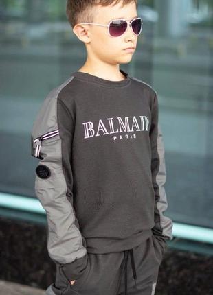 Качественный костюм для мальчика подростка серый с принтом balmain свитшот и брюки двунить хлопок спортивный подростковый детский2 фото