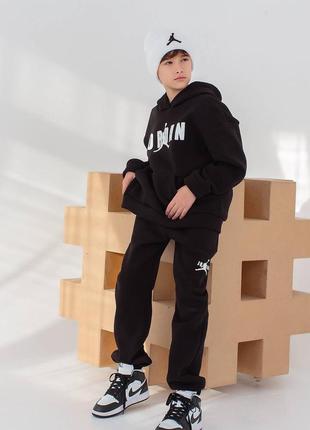 Премиум теплый детский спортивный костюм для мальчика подростка трехнитка на флисе черный утепленный подростковый худи и штаны джоггеры хлопка2 фото