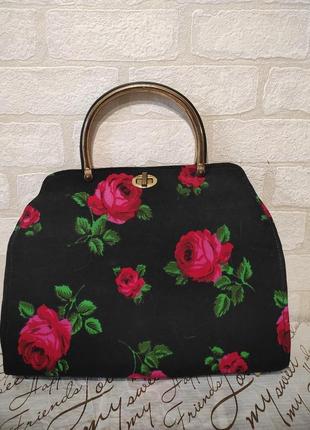 Стильна текстильна сумка, сумочка з шикарним принтом квітів на чорному тлі3 фото