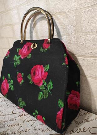 Стильна текстильна сумка, сумочка з шикарним принтом квітів на чорному тлі8 фото