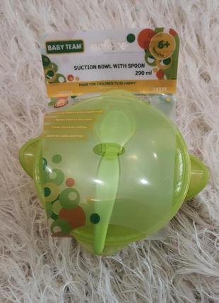 Тарелка на присоске baby team, с крышкой и ложкой, 290 мл, зеленый