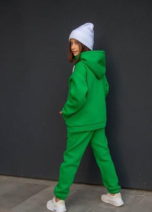 Премиум теплый спортивный костюм на флисе для мальчика девочки подростка зеленый оверсайз трехнитка детский подростковый утепленный4 фото