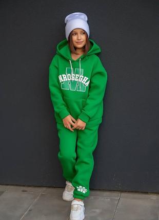 Премиум теплый спортивный костюм на флисе для мальчика девочки подростка зеленый оверсайз трехнитка детский подростковый утепленный