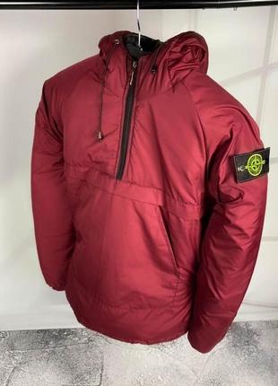 Анорак stone island красный с капюшоном, водонепроницаемый утепленный