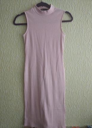 Розовое трикотажное платье в рубчик на худеньких или девочку подростка ,р.хс, oodji