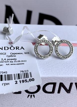 Сережки пандора срібло 925 сережки pandora серьги «блискуче коло» сережки пусети кульчики оригінальні сережки пандора нові бірка пломба1 фото