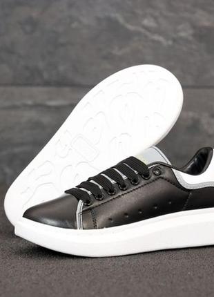 😍alexander mcqueen black white reflective😍женские кеды/кроссовки маквин черные демисезон