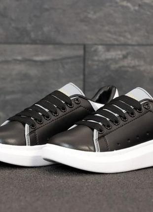 😍alexander mcqueen black white reflective😍жіночі кеди/кросівки маквин чорні демисезон4 фото