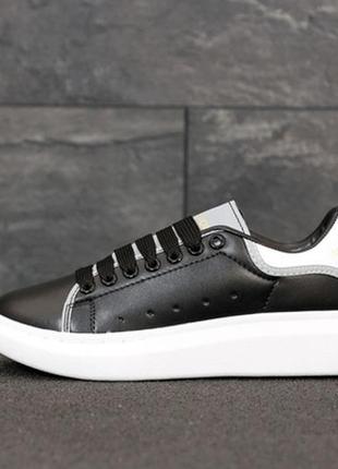 😍alexander mcqueen black white reflective😍жіночі кеди/кросівки маквин чорні демисезон5 фото