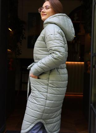 Зимняя куртка фисташкового цвета до колена размер 44-586 фото