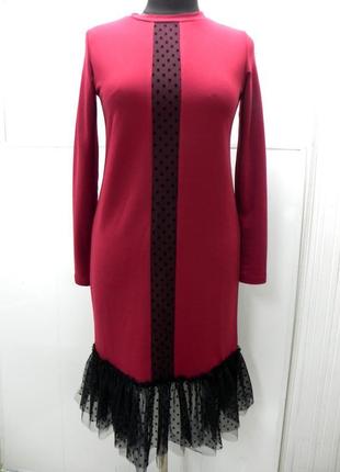 Бордовое трикотажное платье с фатином с-м-л-хл2 фото
