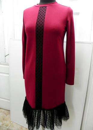 Бордовое трикотажное платье с фатином с-м-л-хл1 фото