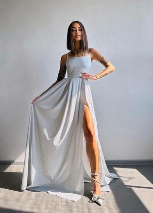 Сяюча біла, довга сукня з розрізом на ніжці та шнурівкою на спині / вечірня блискуча довга сукня з пишною спідницею ⚜️1 фото