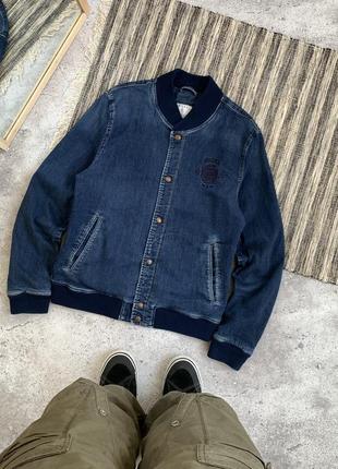 Vintage guess FAM12 bomber jacket винтаж мужская куртка бомбер ветровка джинсовая джинсовка пиджак гесс синий оригинал размер l