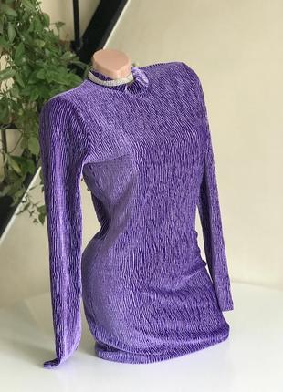 Платье фиолетовое платье мини с открытой спиной бархатное бархатное велюровое на длинный рукав2 фото