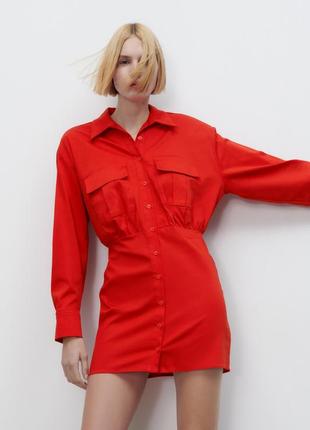 Поплиновое коттоновое платье зара мини короткое красное1 фото