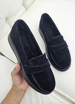 ❄️зимові туфлі лофери для автоледі натуральний замш чорні р. 34 - 42