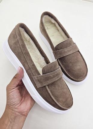 ❄️зимние туфли лоферы замшевые для автоледи темно бежевые