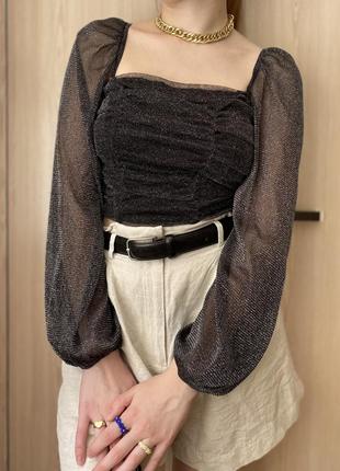 Шикарная нарядная вечерняя блуза с люрексом, блестящий топ с объемными рукавами5 фото