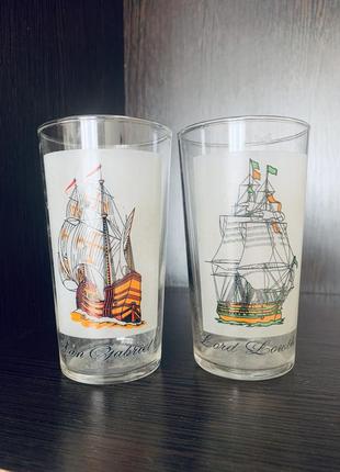 Пара винтажных стеклянных стаканов из серии «легендарные парусники»!!!