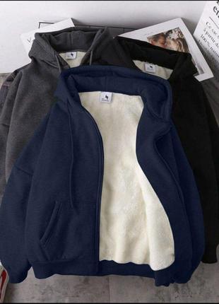 Соуп худи женский оверсайз на флисе с капишоном с карманами на молнии качественное стильное теплое серое синее3 фото