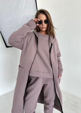 Эффектный костюм тройка не кашлатится спортивный брючный кардиган пальто худи плащ тренч кремовый чёрный мокко бежевый коричневый тёплый на флисе