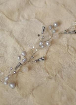 Срібляста гілочка в зачіску з перлів та сніжного кварцу 'серафіма'1 фото