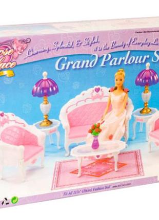 Мебель кукольная  для гостиной барби, диван, кресла, столик, аксессуары gloria 2604