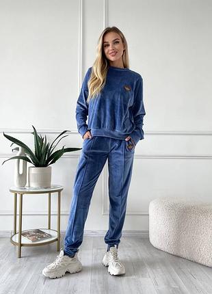 Шикарный стильный велюровый спортивный брючный костюм синий чёрный бежевый оранжевый бархатный плюшевый кроп топ майка брюки штаны свитер кофта худи