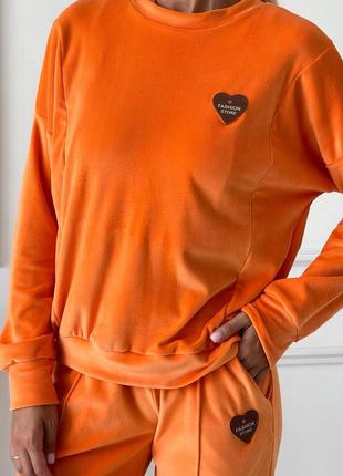 Велюровый спортивный брючный костюм синий чёрный бежевый оранжевый бархатный плюшевый кроп топ майка брюки штаны свитер кофта худи6 фото