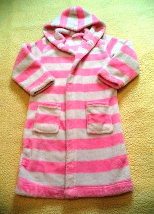 Пушистый халатик с капюшоном розовая полоса .домашняя одежда для детей.