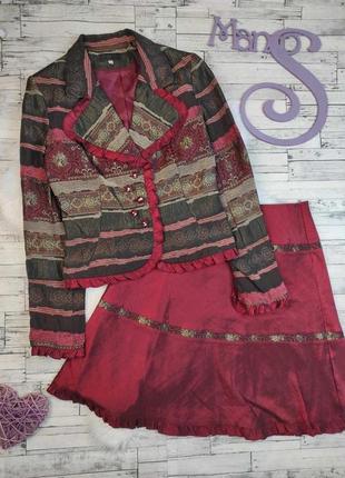 Женский костюм mes бордовый с цветочным принтом пиджак и юбка размер 44 s1 фото
