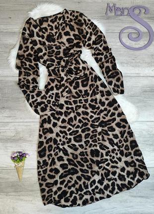 Женское длинное платье коричневое леопардовый принт на запах с поясом размер 52 хxl