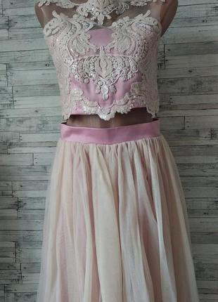 Вечерний костюм платье топ с длинной юбкой из фатина нежно розовый размер 40-42 (xs)6 фото