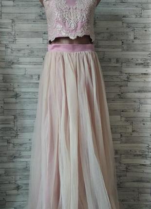 Вечерний костюм платье топ с длинной юбкой из фатина нежно розовый размер 40-42 (xs)5 фото