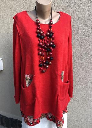 Комбинирован,трикотаж кофта,красная блуза,туника,этно бохо стиль,