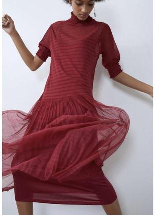 Стильное длинное бордовое платье zara, p. m1 фото