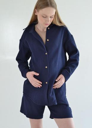 Комплект для беременных и кормящих sofa муслиновый летний  синий костюм  42-569 фото