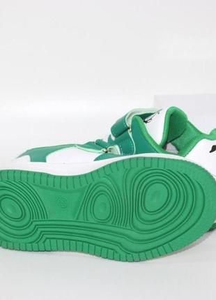 Белые осенние хайтопы с зелеными вставками на шнурках и липучке, высокие кроссовки5 фото