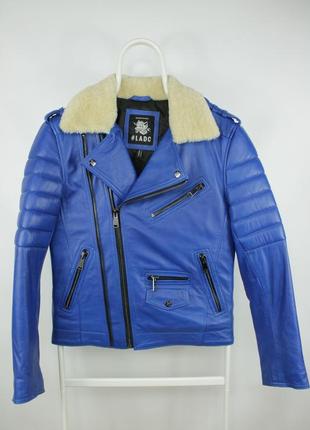 Шикарная кожаная куртка ladc paris perfecto blue leather jacket with fur collar2 фото