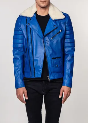 Шикарна шкіряна куртка ladc paris perfecto blue leather jacket with fur collar