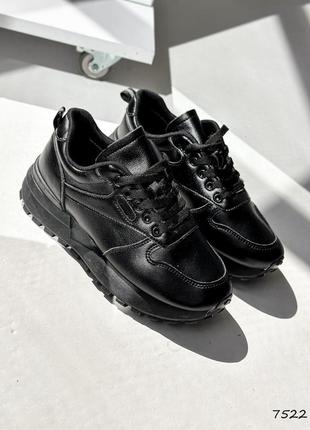 Стильные черные женские кроссовки на массивной подошве, весенне-осенни, кожаные/кожа-женская обувь3 фото