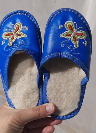 Синие кожаные утепленные шерстяные домашние тапочки тапочки 25
